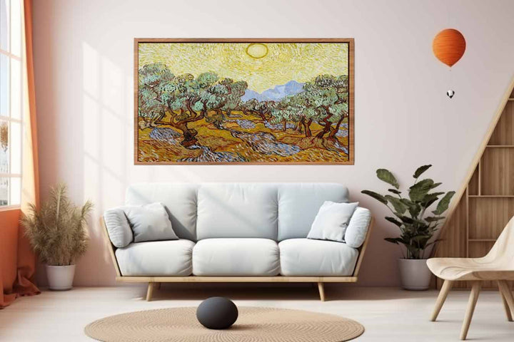 Olive Trees / Olive Trees with yellow sky and sun Art Print