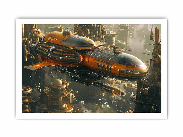 Space Ship  & Alein City framed Print