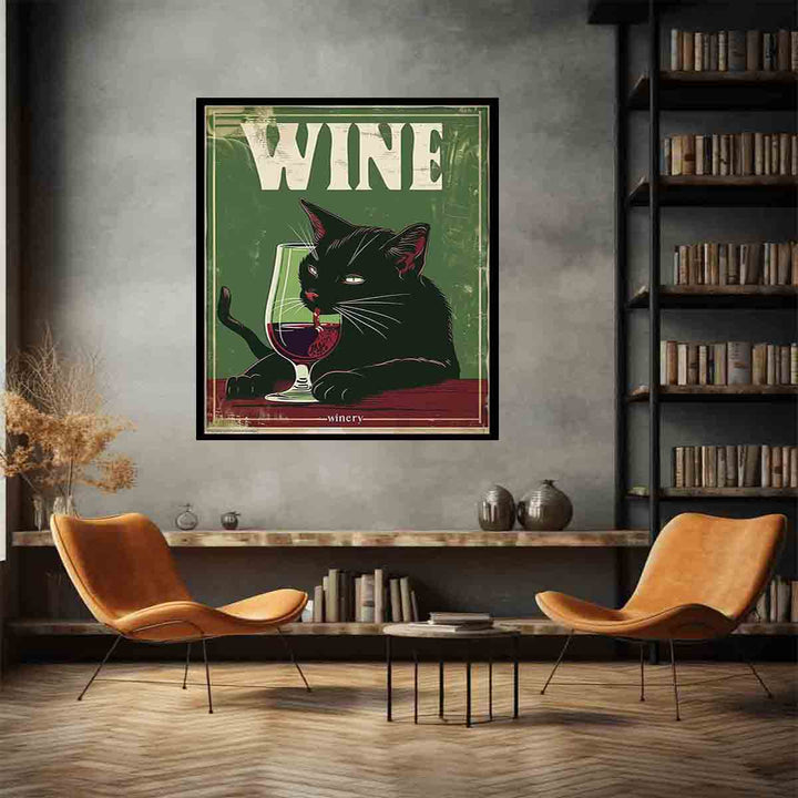 A black cat drinking red wine Art Print