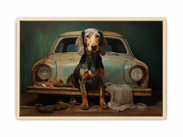 Dog on Car Framed Print