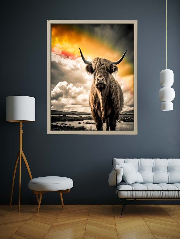 Highland Cow Painting  Black& white   Art Print