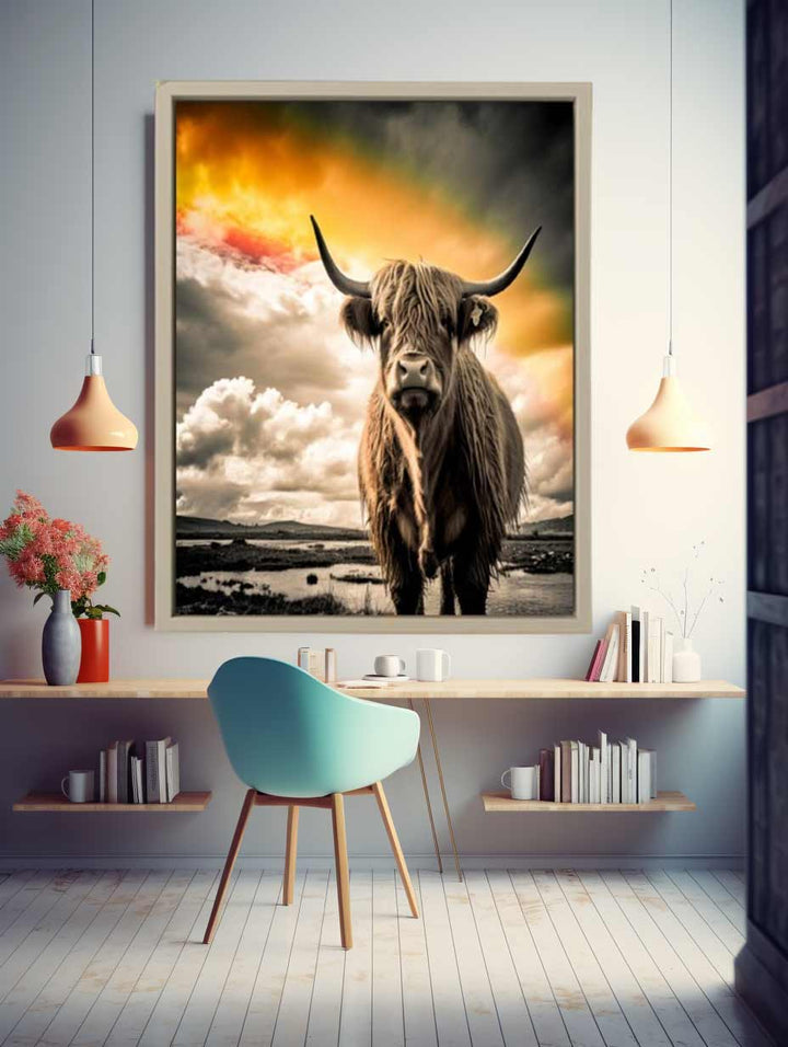 Highland Cow Painting  Black& white   Art Print