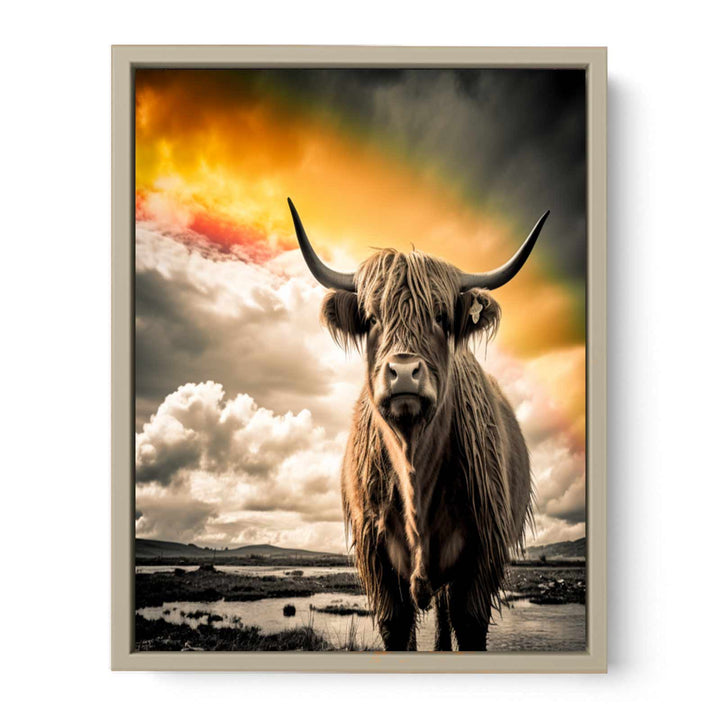 Highland Cow Painting  Black& white   framed Print