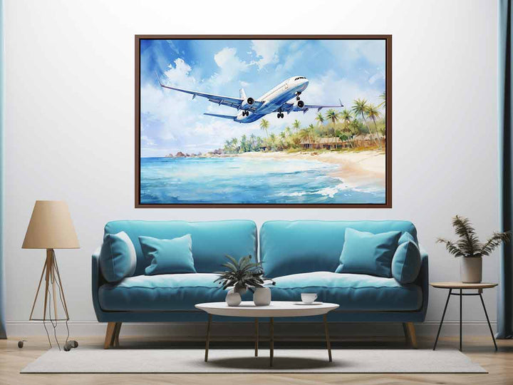 Airplane Over Beach Painting Art Print