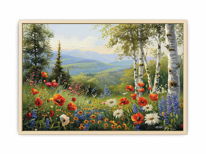 Beautiful Landscape Painting Of Flowers Framed Print