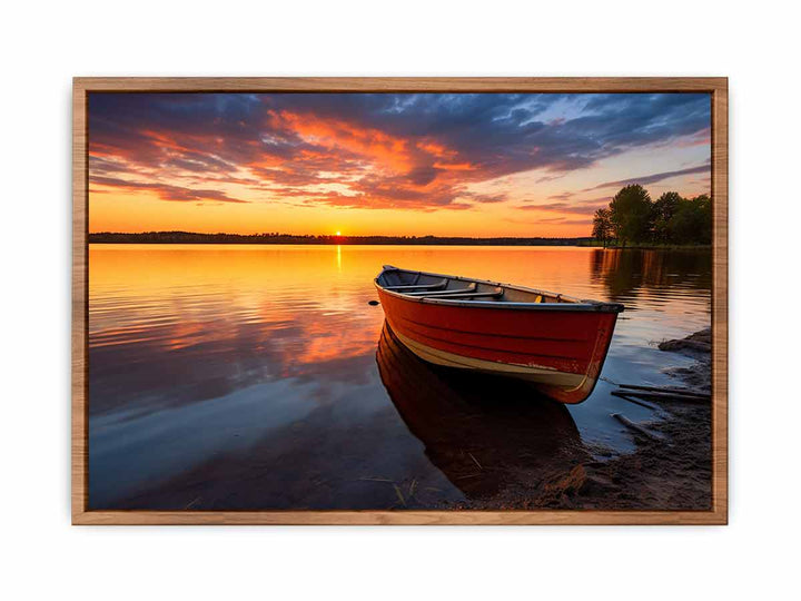 Calm  Sea With Boat At Sunset  Painting