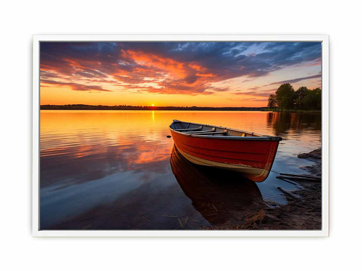 Calm  Sea With Boat At Sunset  Painting