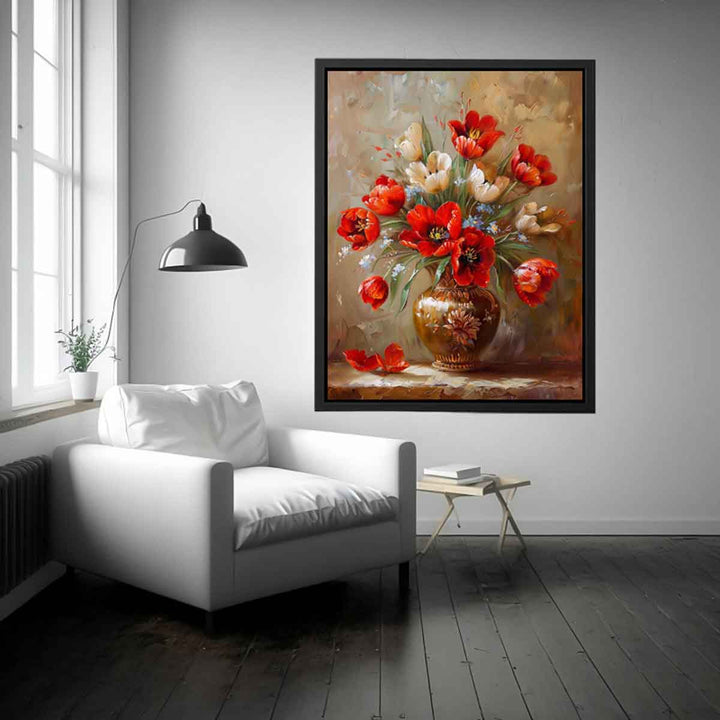 Red Flowers with Vase Painting Art Print