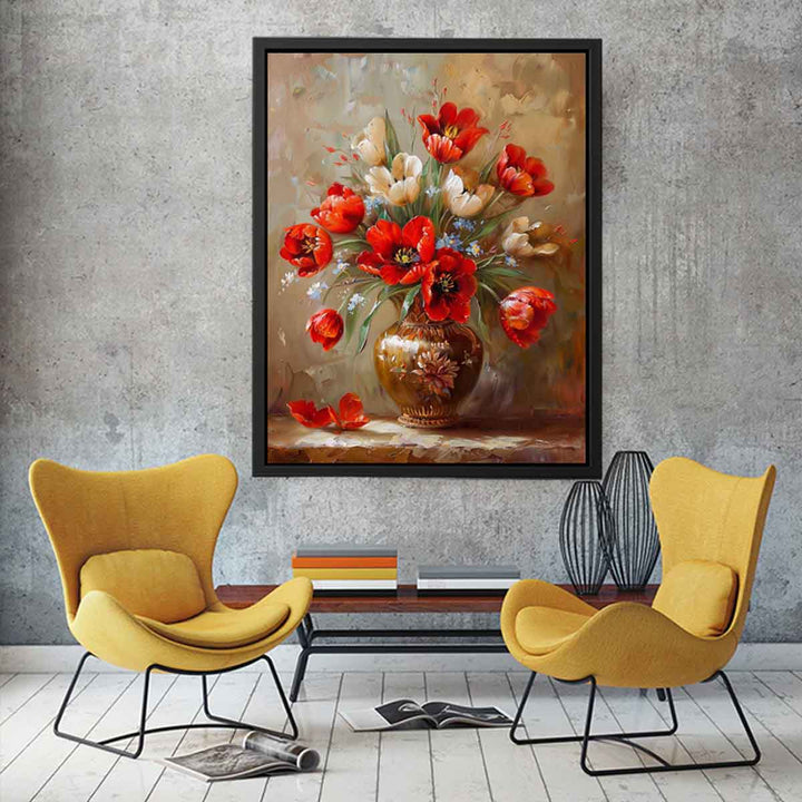 Red Flowers with Vase Painting canvas Print